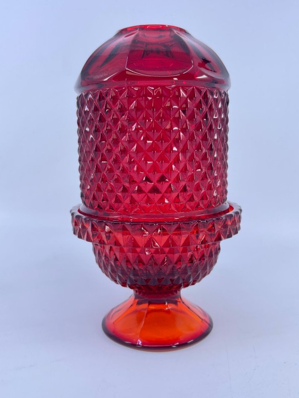 vintage viking glass ruby red diamond pattern fairy lamp with pedestal base